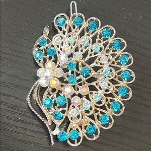 Vintage Peacock Hair Barrette Embellished Aura Borealis/Turquoise Crystal